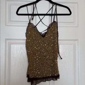 Robert Rodriguez Gold Sequin and Brown Silk Scalloped-Edge Spaghetti Strap Cami